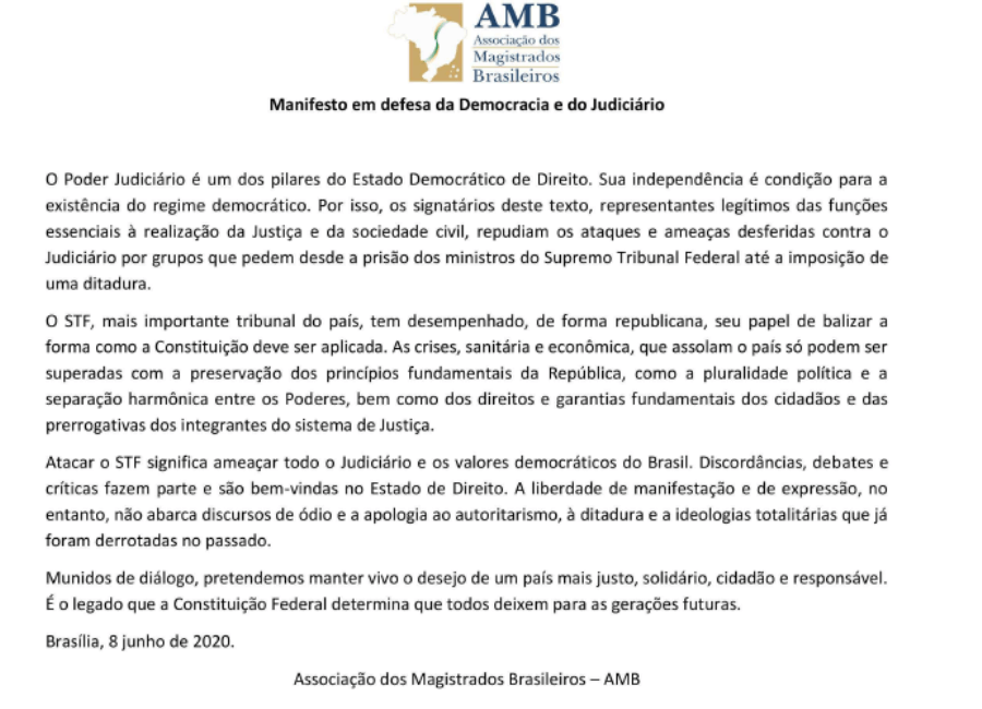 AMB realiza ato em defesa da democracia e do Judiciário e entrega manifesto assinado por mais de 200 associações
